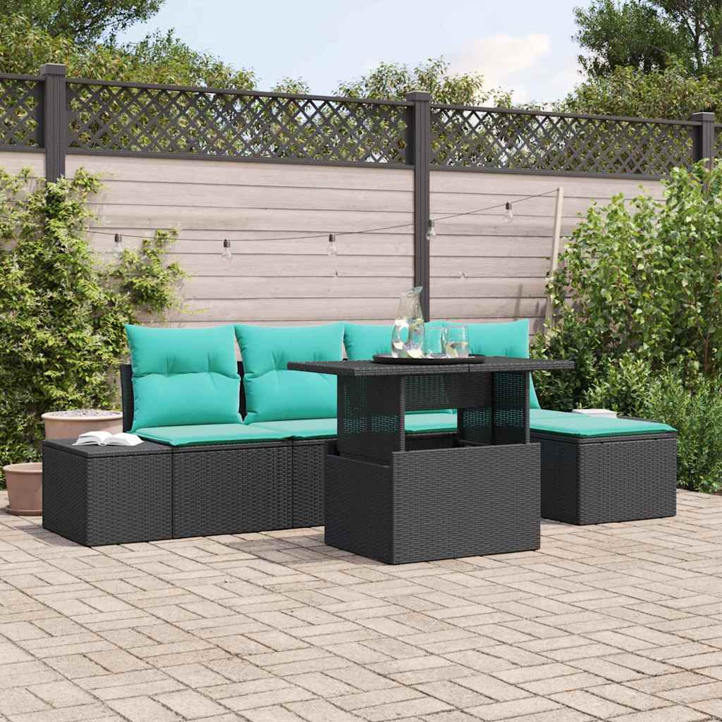 Gartensofa-set 6 stk. Schwarz und Blau Poly-Rattan