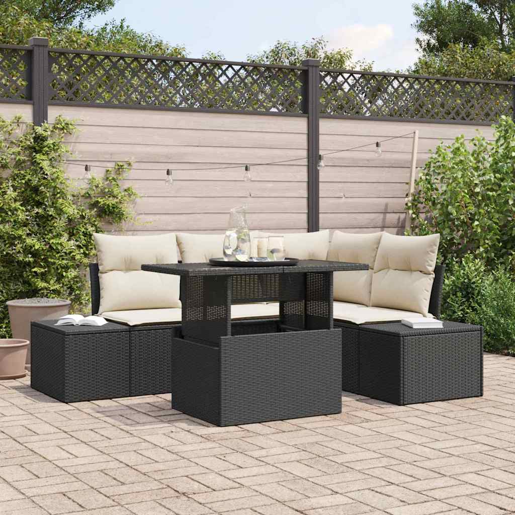 Gartensofa-set 5 stk. Schwarz und Creme Poly-Rattan