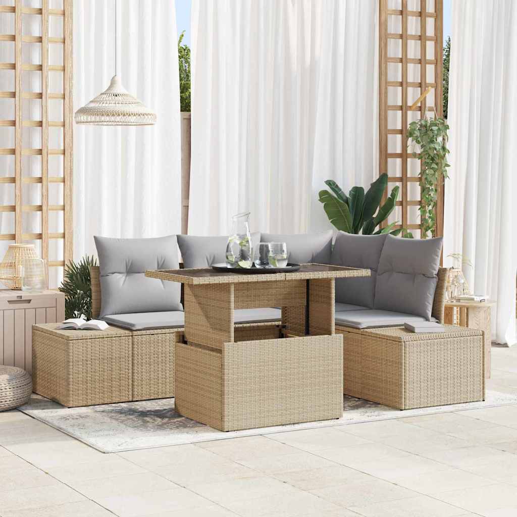 Gartensofa-set 5 stk. Beige und Hellgrau Poly-Rattan