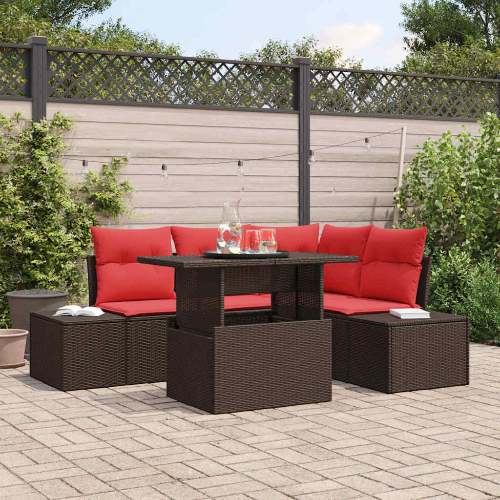 Gartensofa-set 6 stk. 4-Sitzanzahl Braun und Rot Poly-Rattan