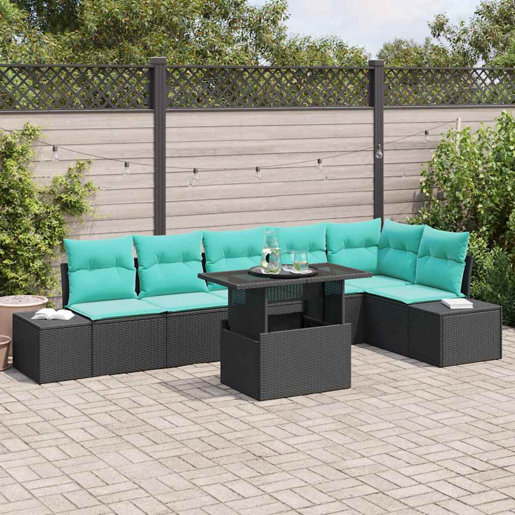 Gartensofa-set 7 stk. 6-Sitzanzahl Schwarz und Blau Poly-Rattan