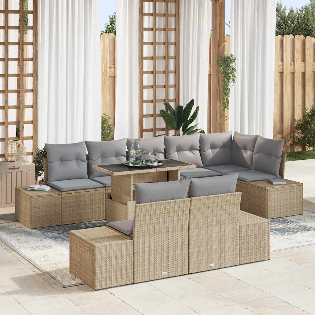 Gartensofa-set 9 stk. Beige und Hellgrau Poly-Rattan