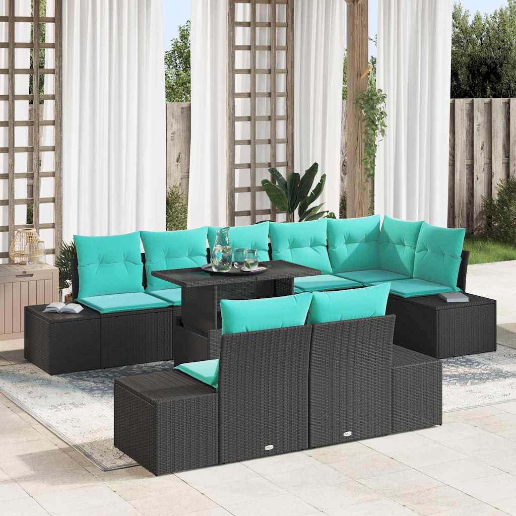 Gartensofa-set 9 stk. 8-Sitzanzahl Schwarz und Blau Poly-Rattan