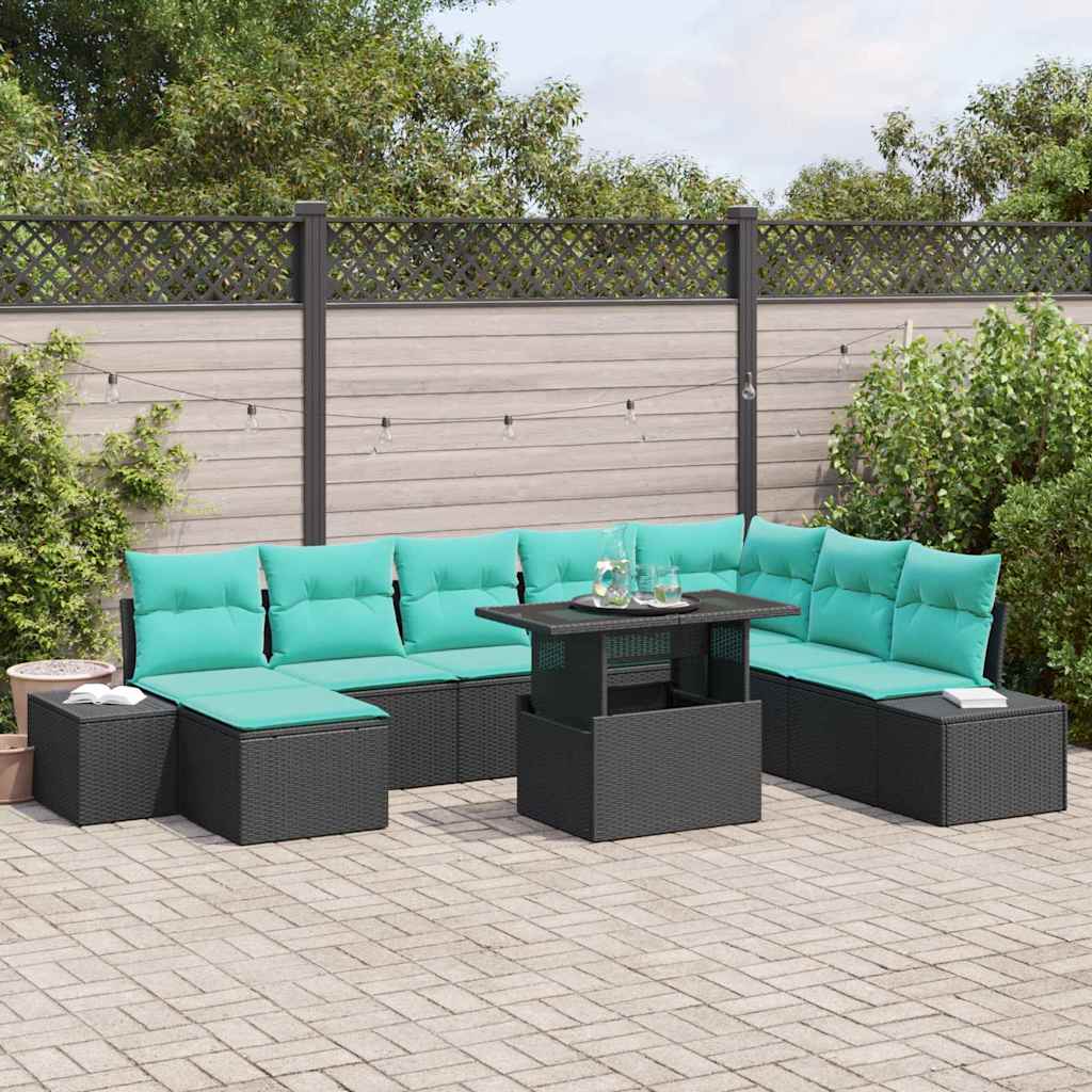 Gartensofa-set 9 stk. Schwarz und Blau Poly-Rattan