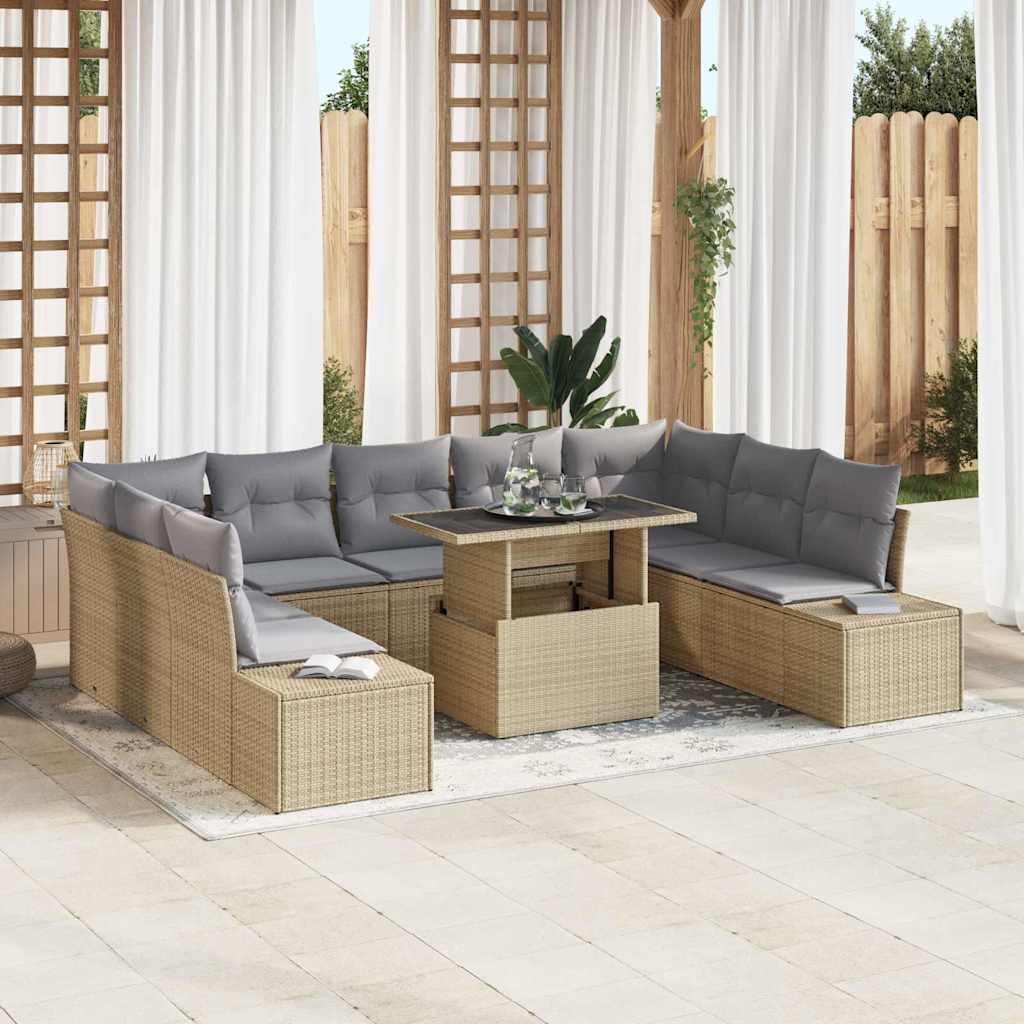 Gartensofa-set 10 stk. Beige und Hellgrau Poly-Rattan