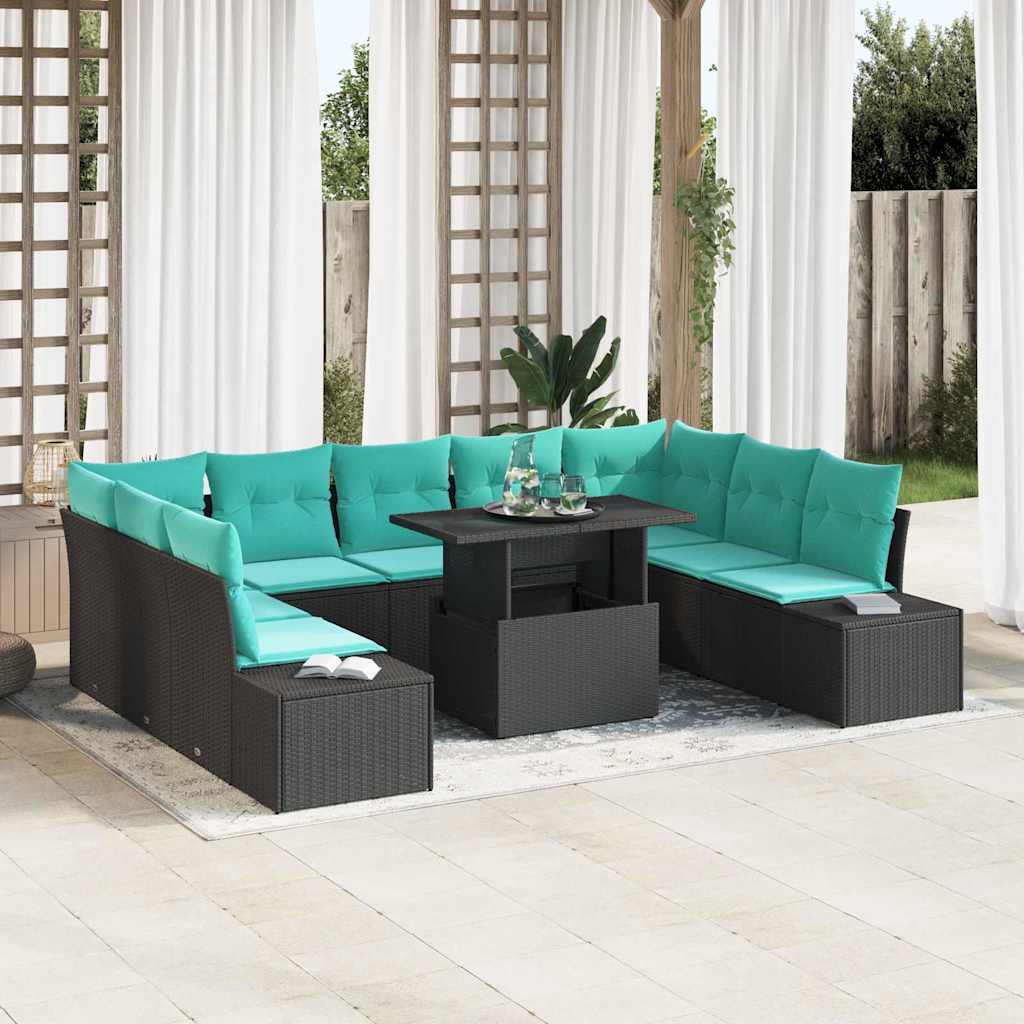 Gartensofa-set 10 Stk. Schwarz und Blau Poly-Rattan