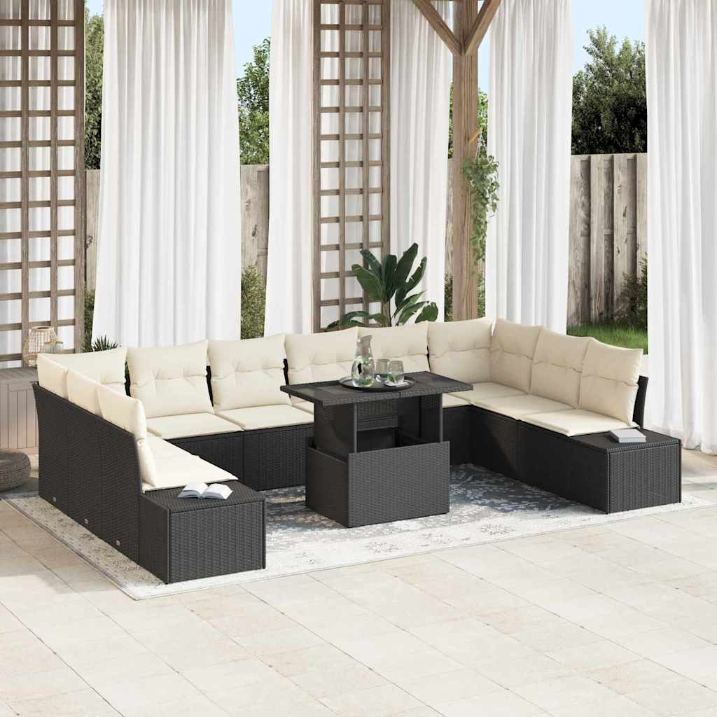 Gartensofa-set 11 stk. Schwarz und Creme Poly-Rattan