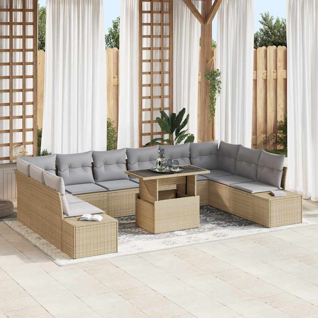 Gartensofa-set 11 stk. Beige und Hellgrau Poly-Rattan