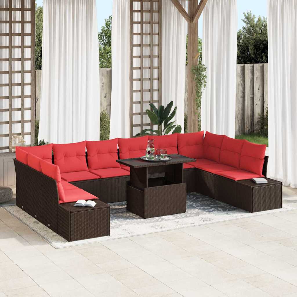 Gartensofa-set 11 Stk. Braun und Rot Poly-Rattan