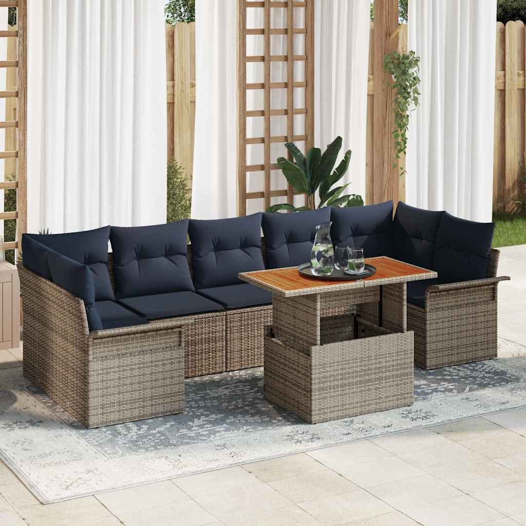 Gartensofa-set 8 stk. Grau und Marineblau Poly-Rattan