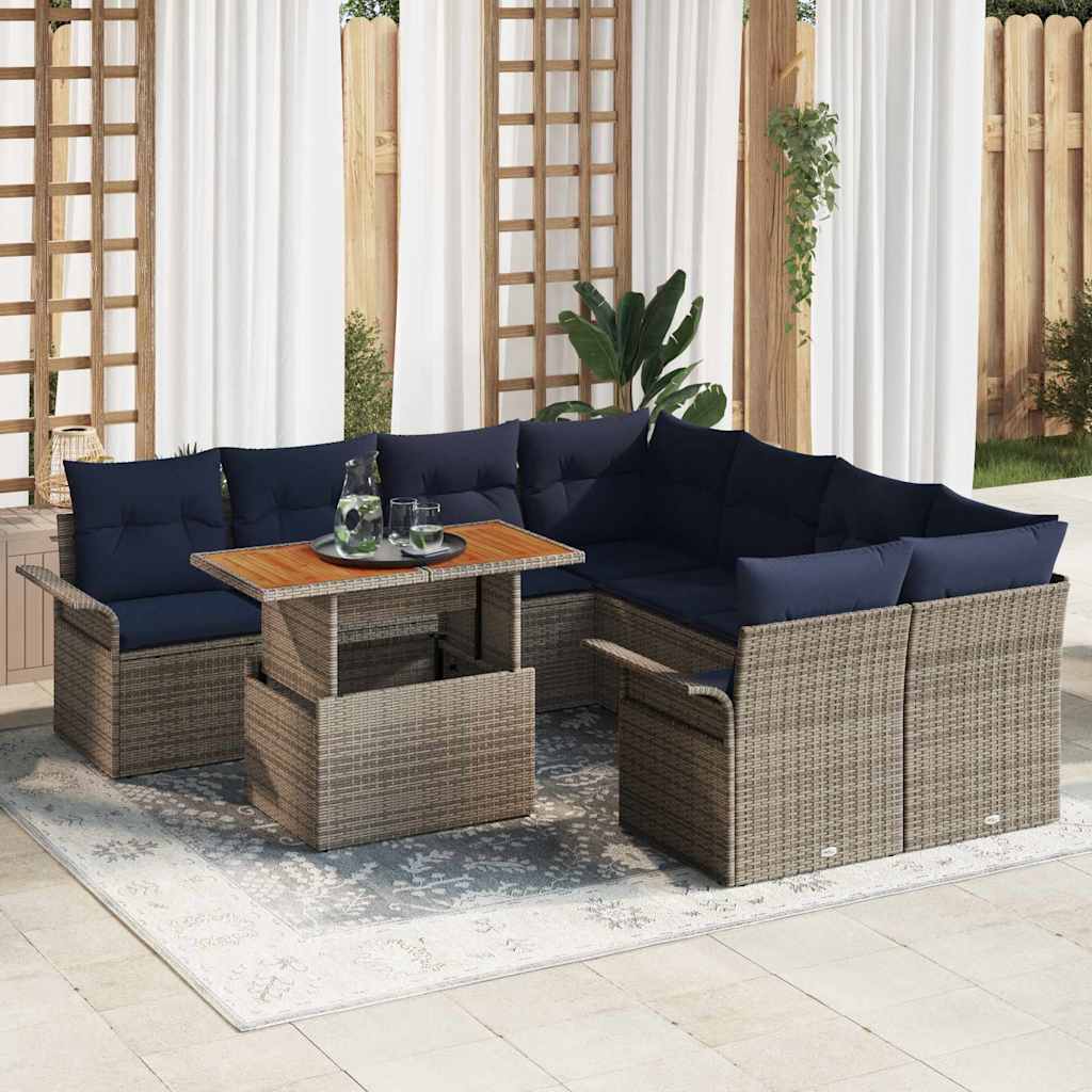 Gartensofa-set 9 stk. Grau und Marineblau Poly-Rattan