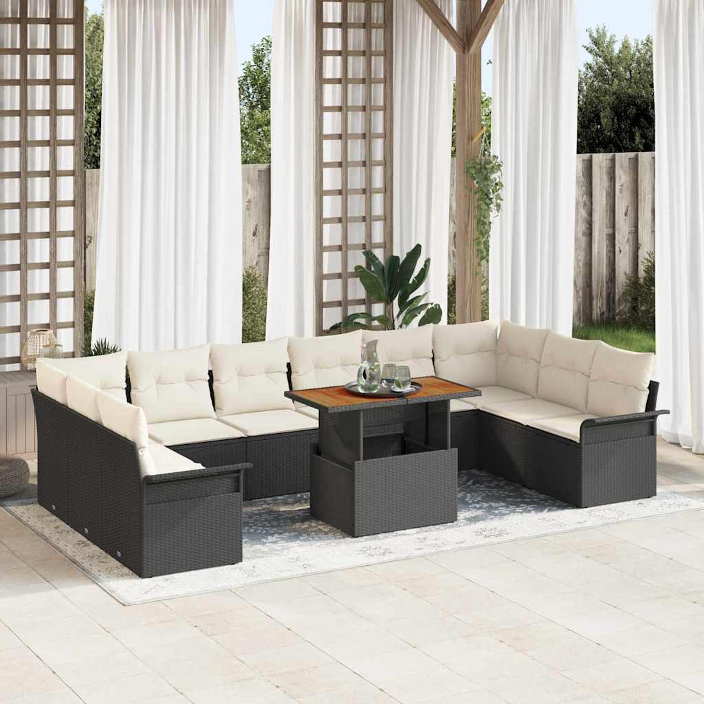 Gartensofa-set 11 stk. Schwarz und Creme Poly-Rattan