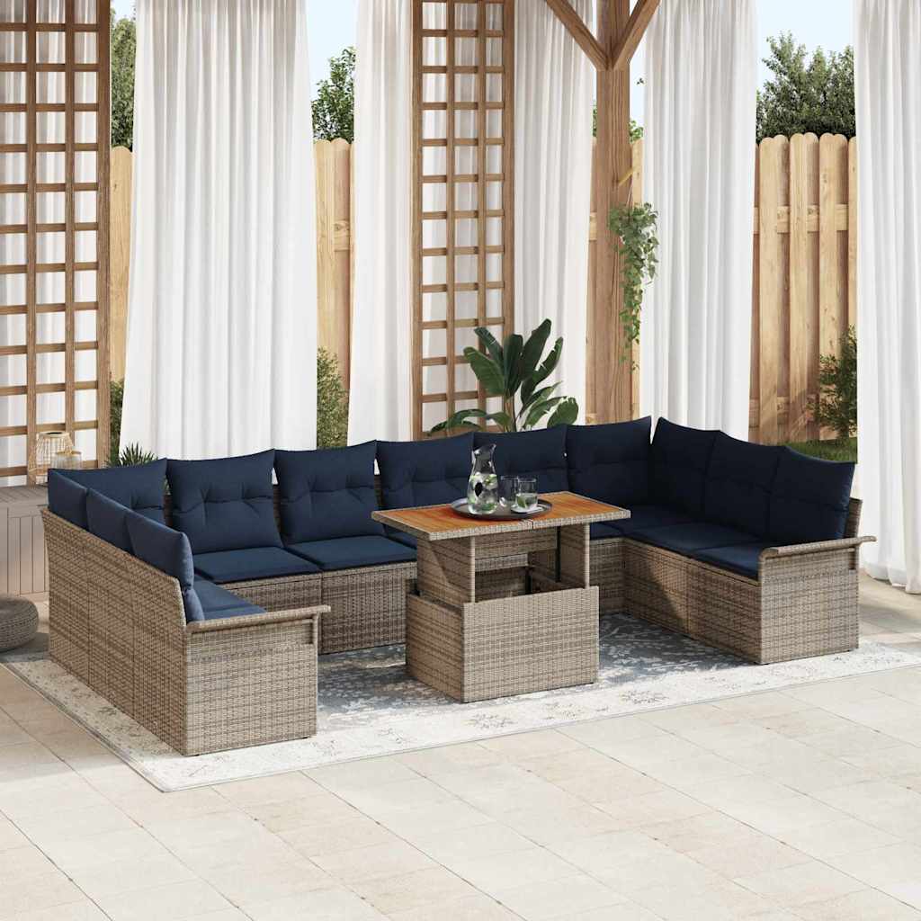 Gartensofa-set 11 stk. Grau und Marineblau Poly-Rattan