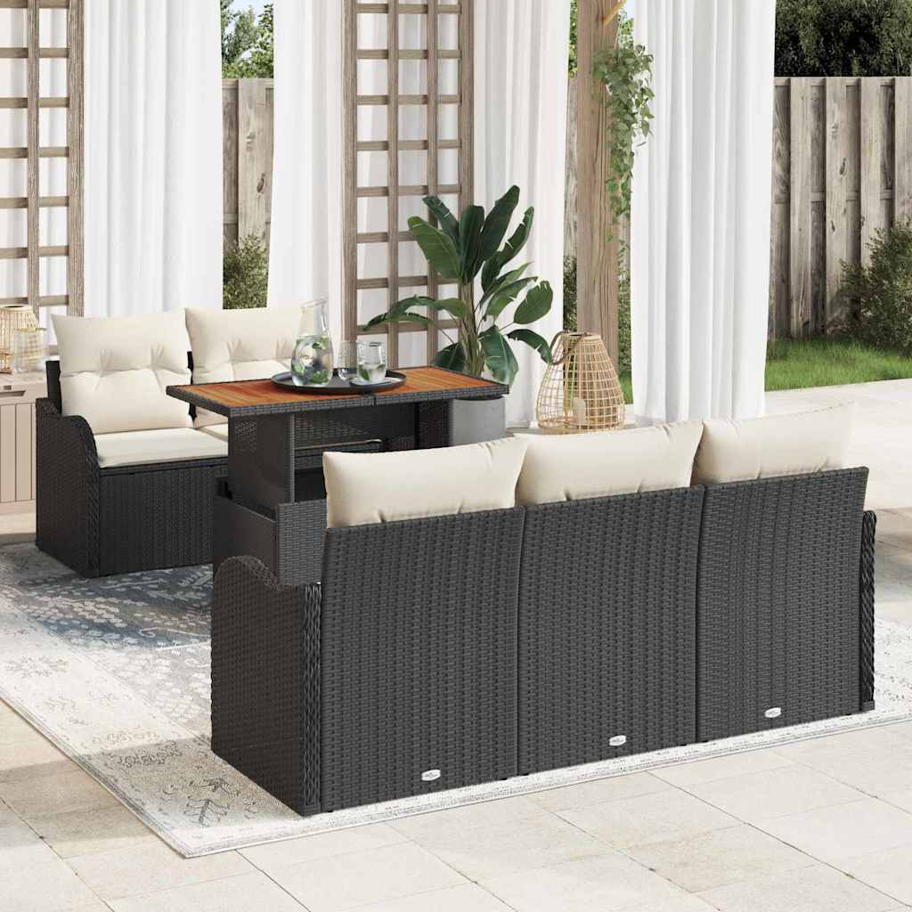 Gartensofa-set 6 stk. Schwarz und Creme Poly-Rattan