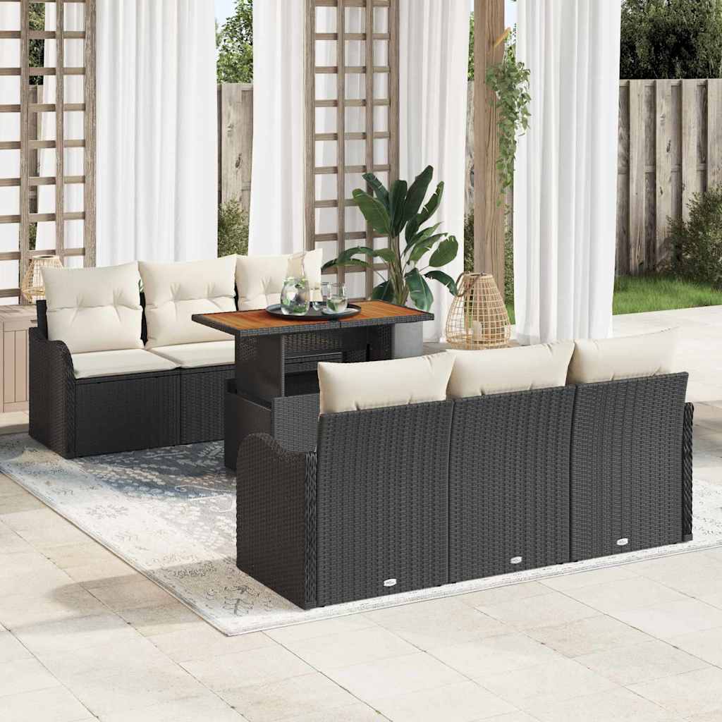 Gartensofa-set 7 stk. Schwarz und Creme Poly-Rattan