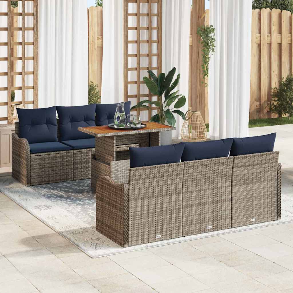 Gartensofa-set 7 stk. Grau und Marineblau Poly-Rattan