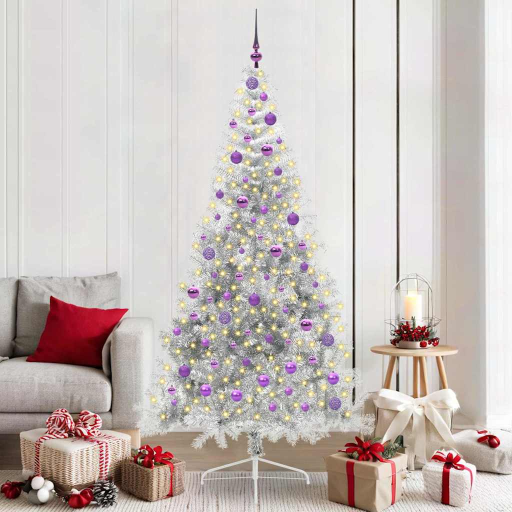 Künstlicher vorbeleuchteter Weihnachtsbaum Silber 210 cm PET