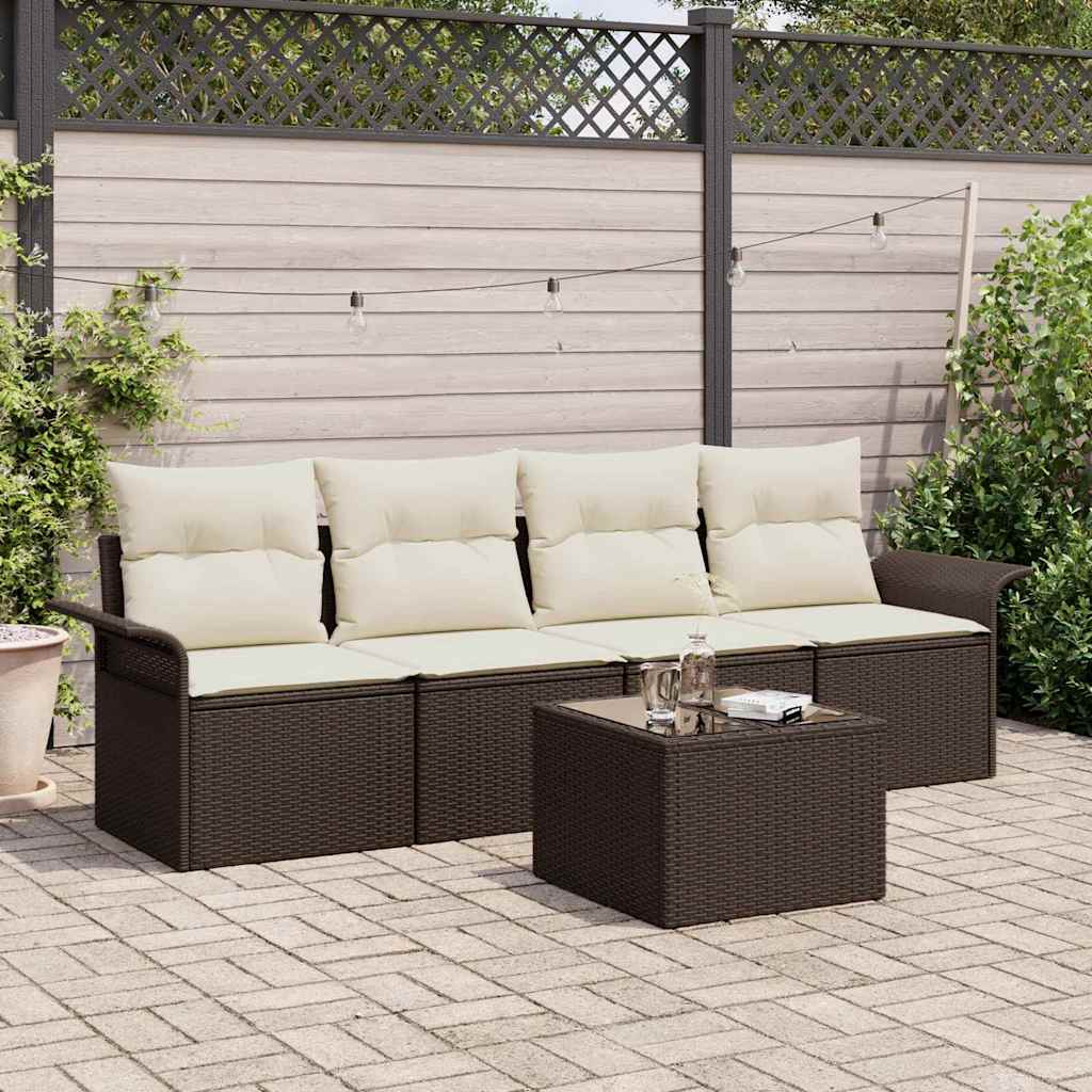 Gartensofa-set 5 Stk. Braun und Creme Poly-Rattan