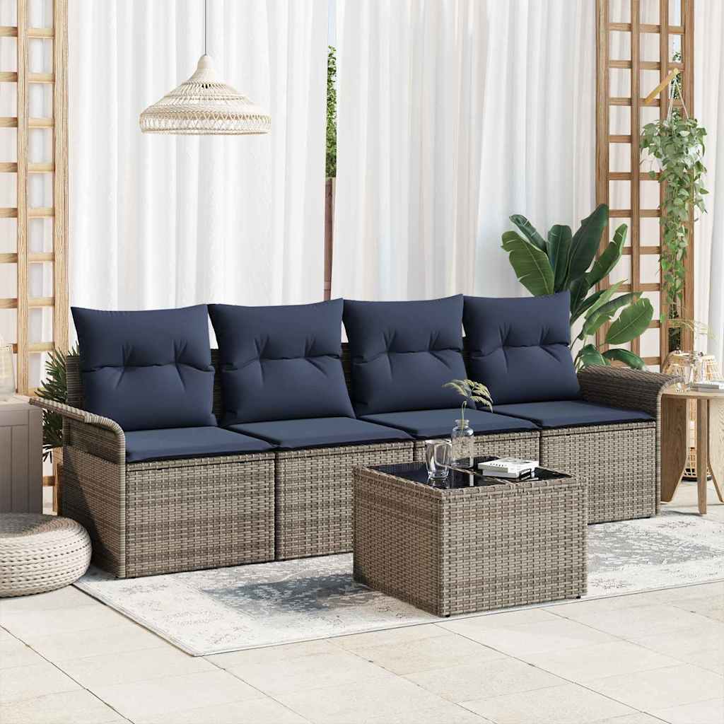 Gartensofa-set 5 stk. Grau und Marineblau Poly-Rattan