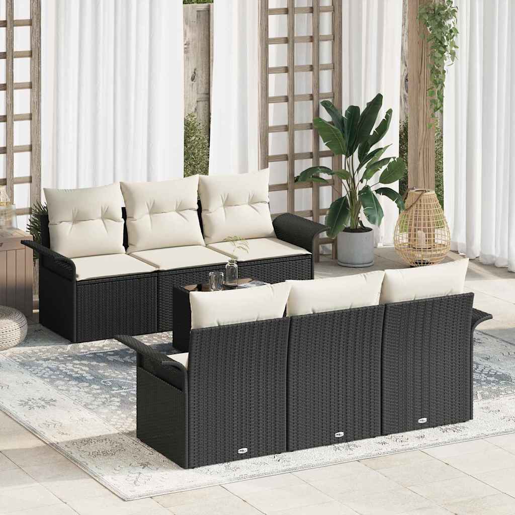 Gartensofa-set 7 Stk. Schwarz und Creme Poly-Rattan