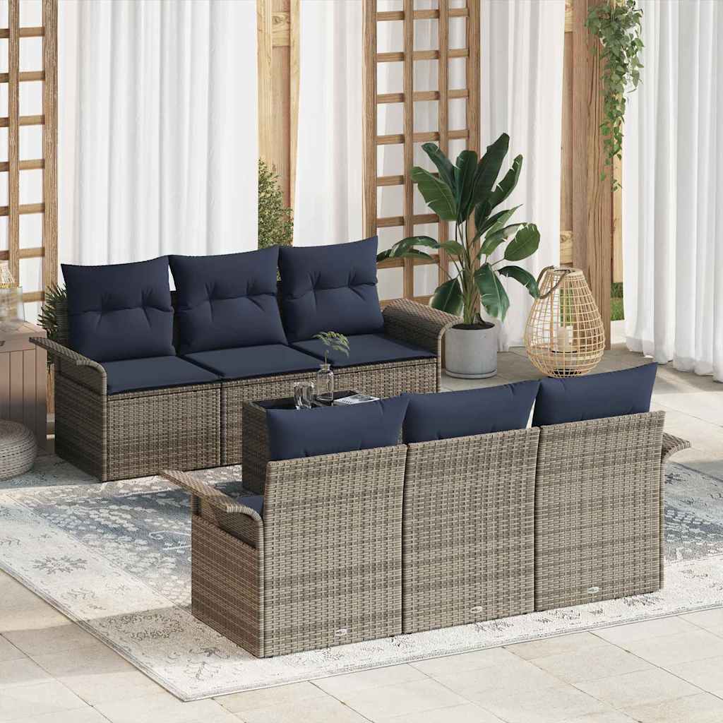 Gartensofa-set 7 stk. Grau und Marineblau Poly-Rattan