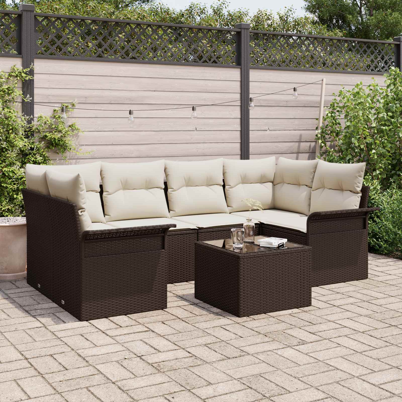 Gartensofa-set 7 stk. 6-Sitzanzahl Braun und Creme Poly-Rattan