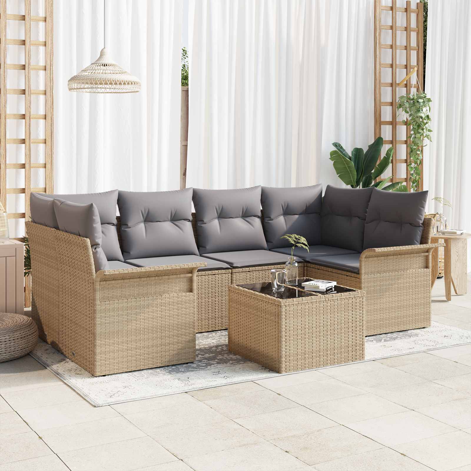 Gartensofa-set 7 stk. 6-Sitzanzahl Beige und Grau Poly-Rattan