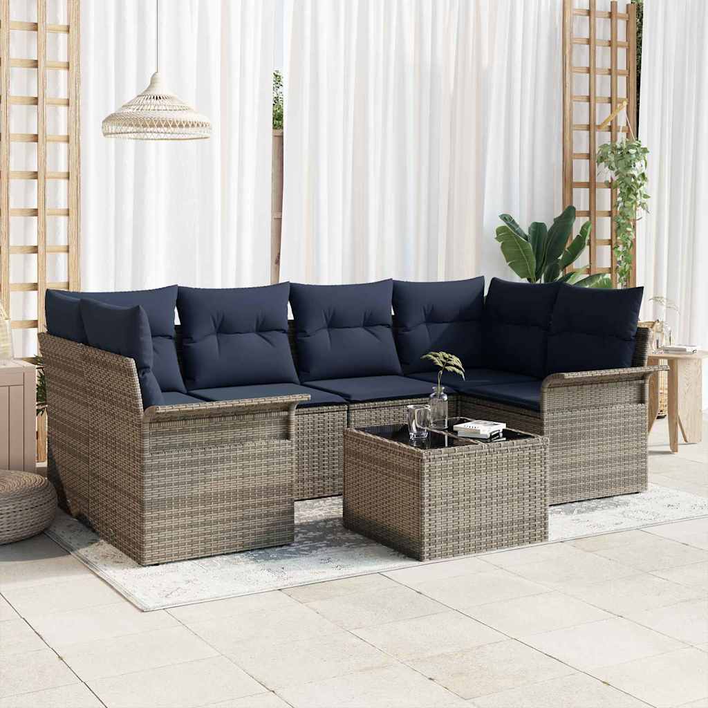Gartensofa-set 7 Stk. Grau und Marineblau Poly-Rattan