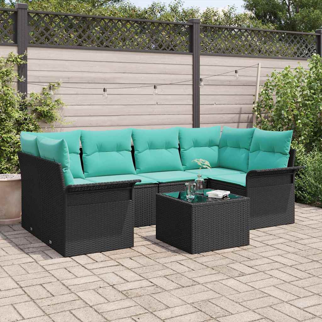 Gartensofa-set 7 Stk. Schwarz und Türkis Poly-Rattan