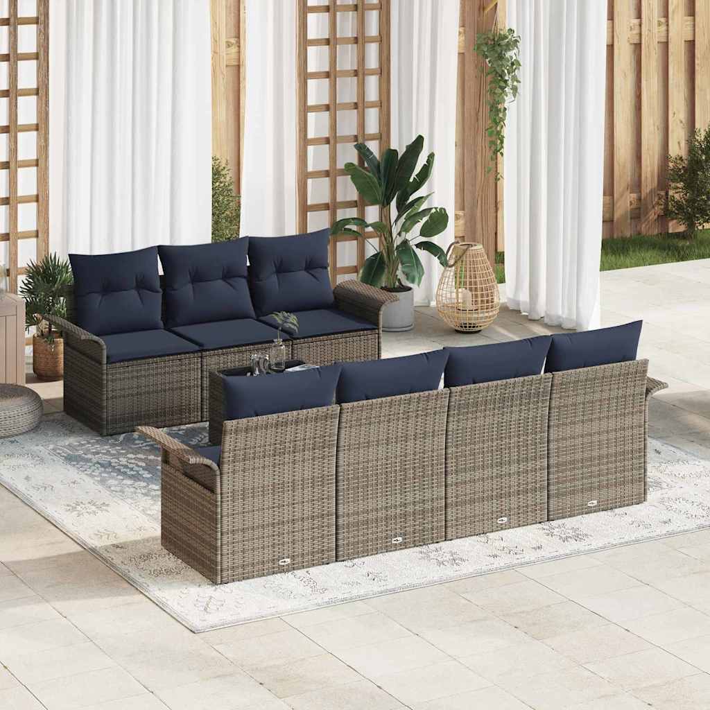 Gartensofa-set 8 Stk. Grau und Marineblau Poly-Rattan