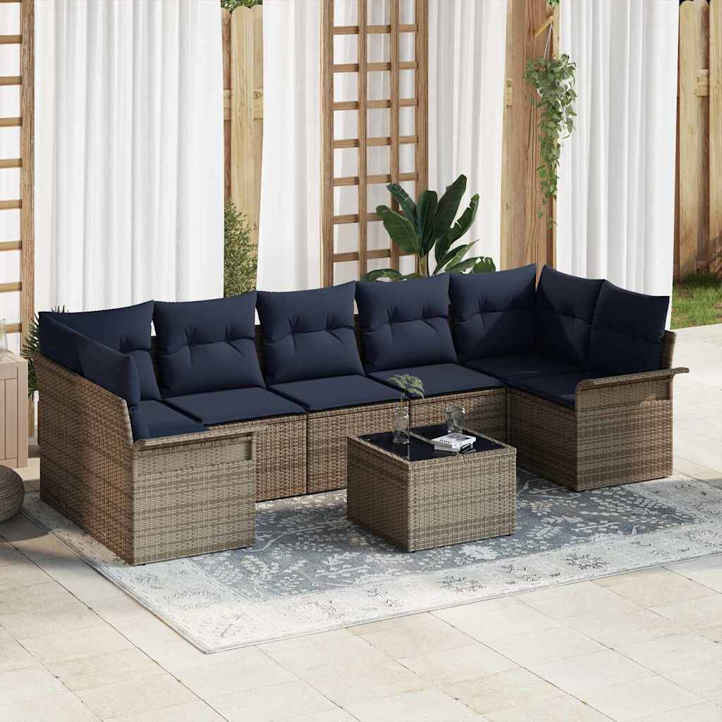 Gartensofa-set 8 stk. Grau und Marineblau Poly-Rattan