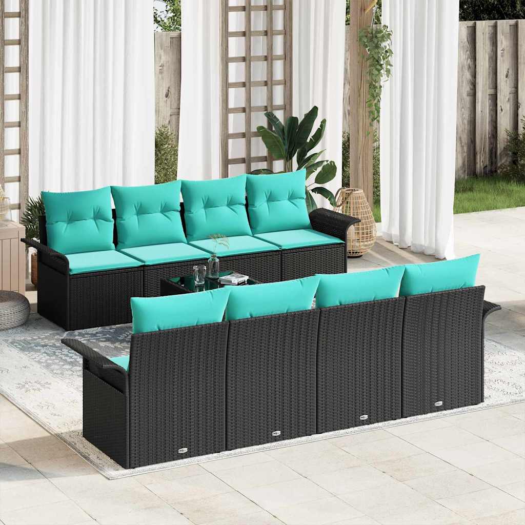 Gartensofa-set 9 Stk. Schwarz und Türkis Poly-Rattan