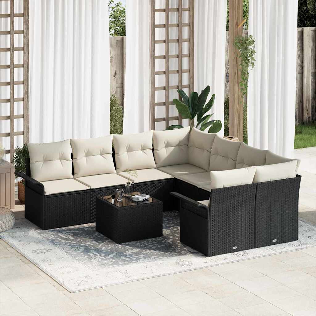 Gartensofa-set 9 stk. Schwarz und Creme Poly-Rattan