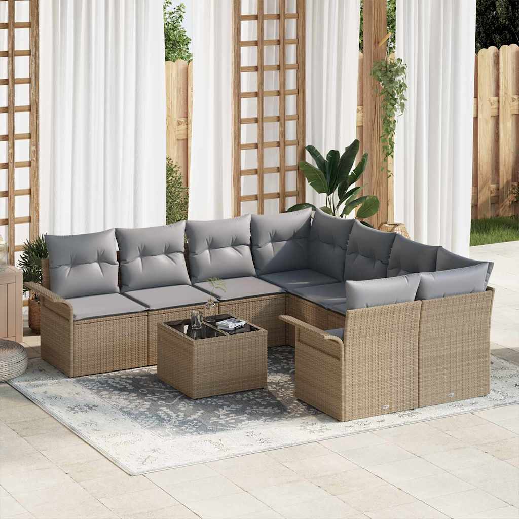 Gartensofa-set 9 stk. Beige und Grau Poly-Rattan
