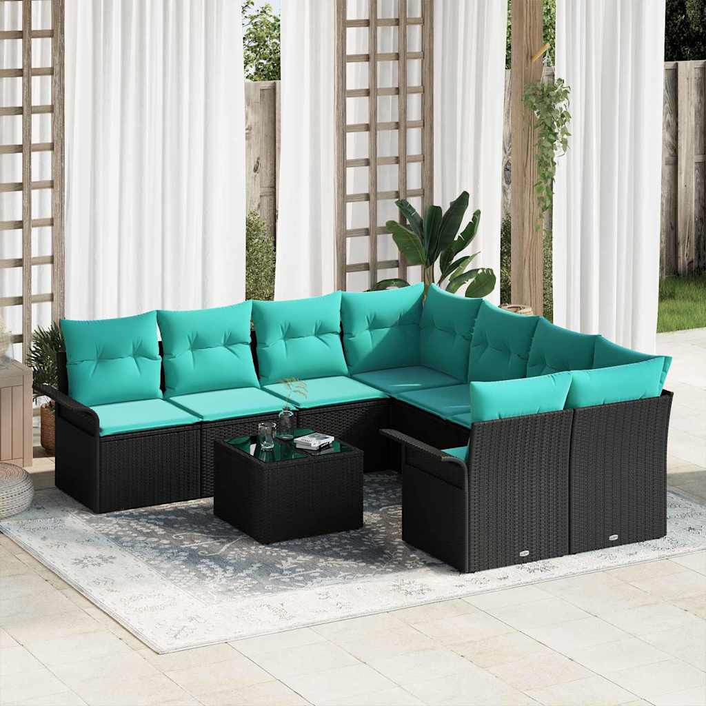 Gartensofa-set 9 Stk. Schwarz und Türkis Poly-Rattan