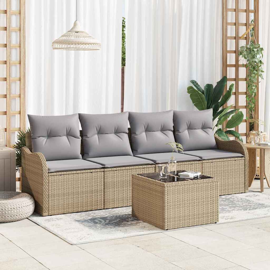 Gartensofa-set 5 Stk. 4-Sitzanzahl Beige und Grau Poly-Rattan