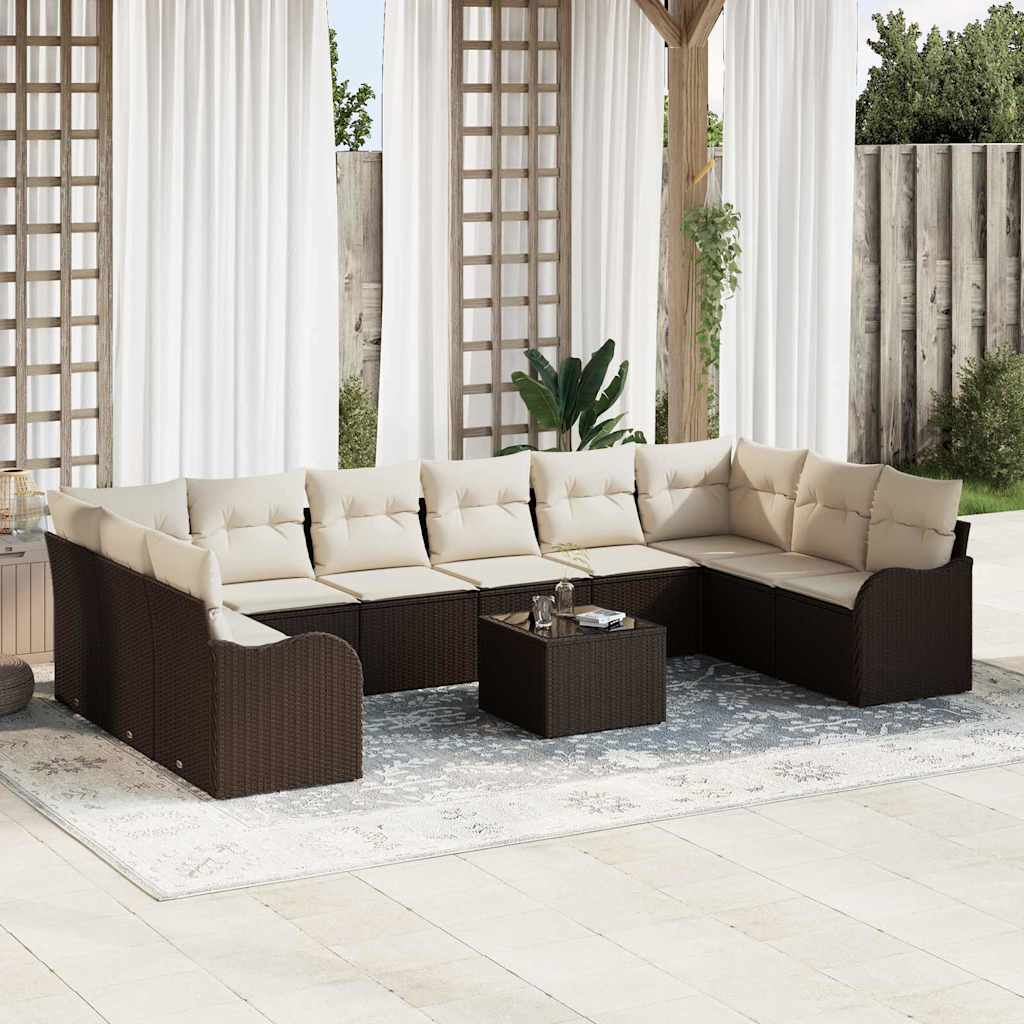 Gartensofa-set 11 stk. Braun und Weiß Poly-Rattan