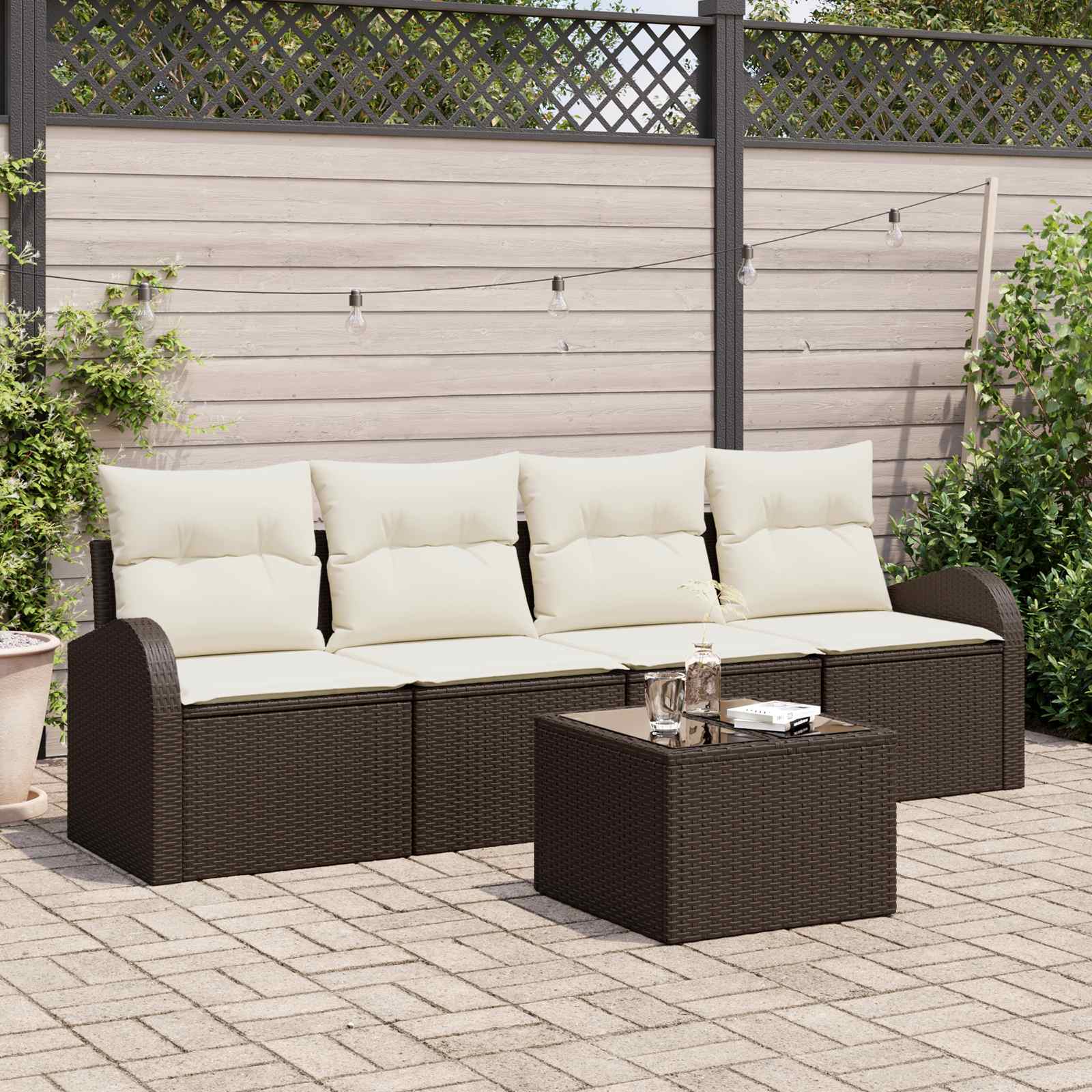 Gartensofa-set 5 Stk. 4-Sitzanzahl Braun und Creme Poly-Rattan