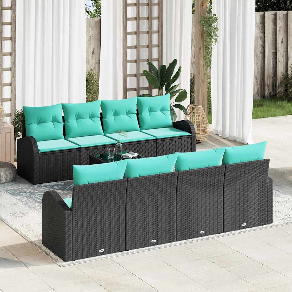 Sofa Set 9 stk. 8-Sitzanzahl Schwarz und Türkis Poly-Rattan