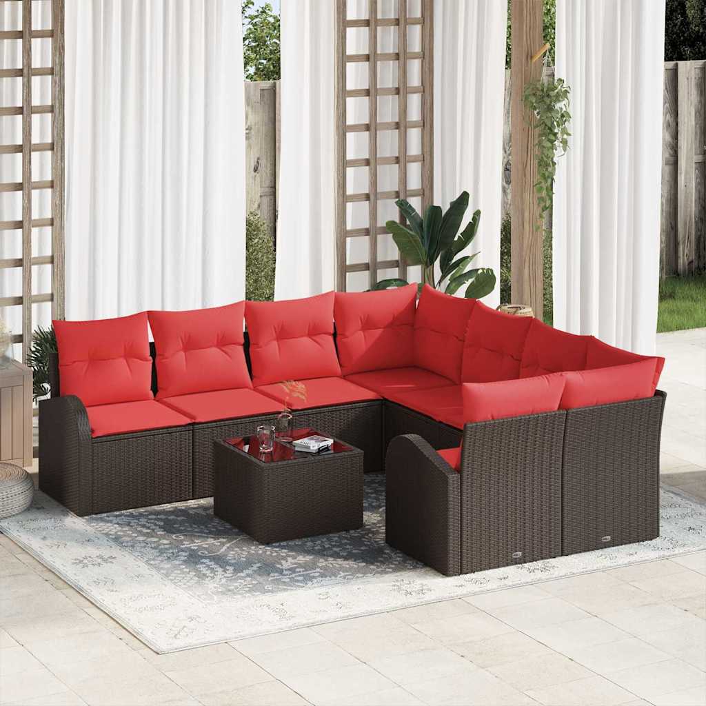 Sofa Set 9 stk. 8-Sitzanzahl Beige und Rot Poly-Rattan