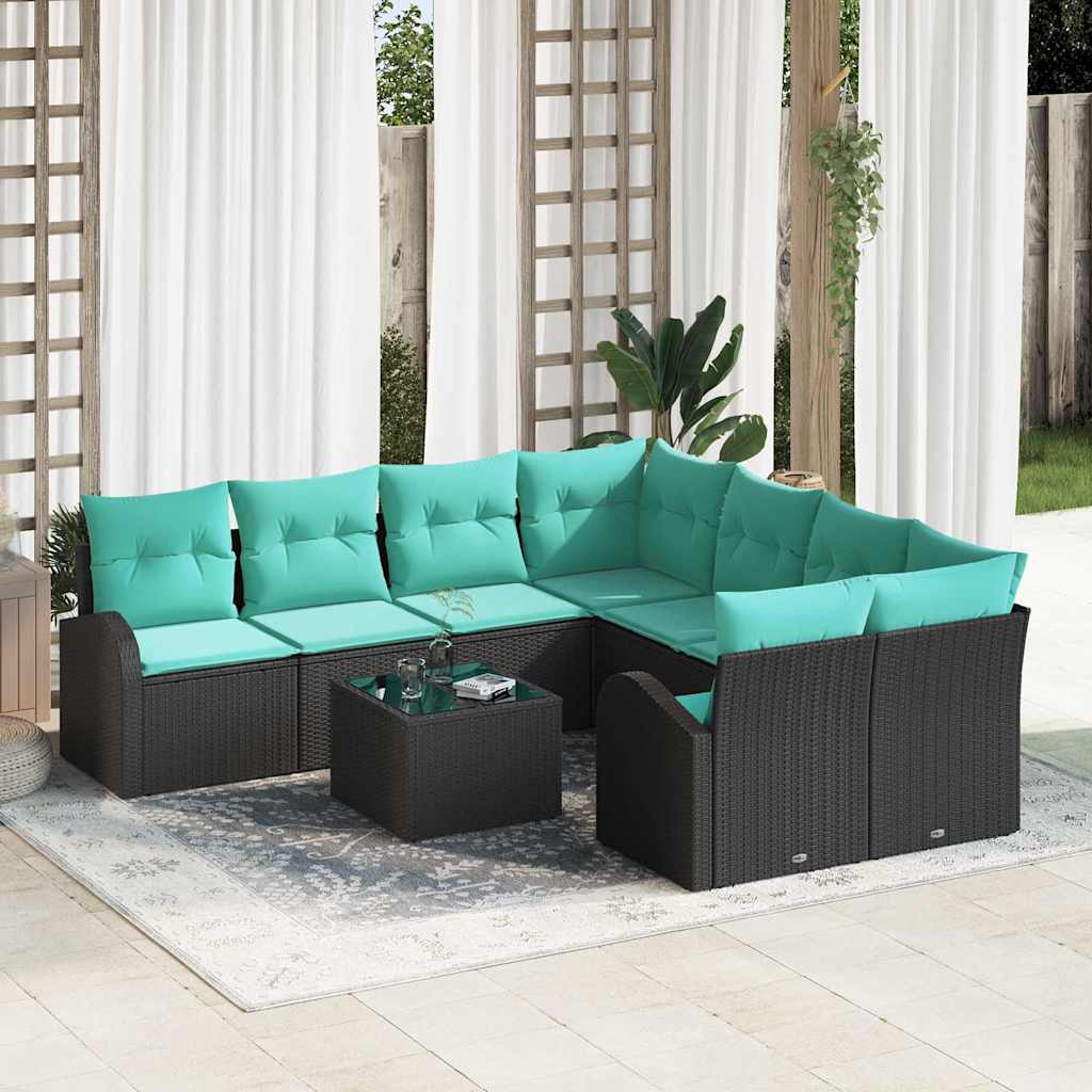 Sofa Set 9 stk. 8-Sitzanzahl Schwarz und Türkis Poly-Rattan