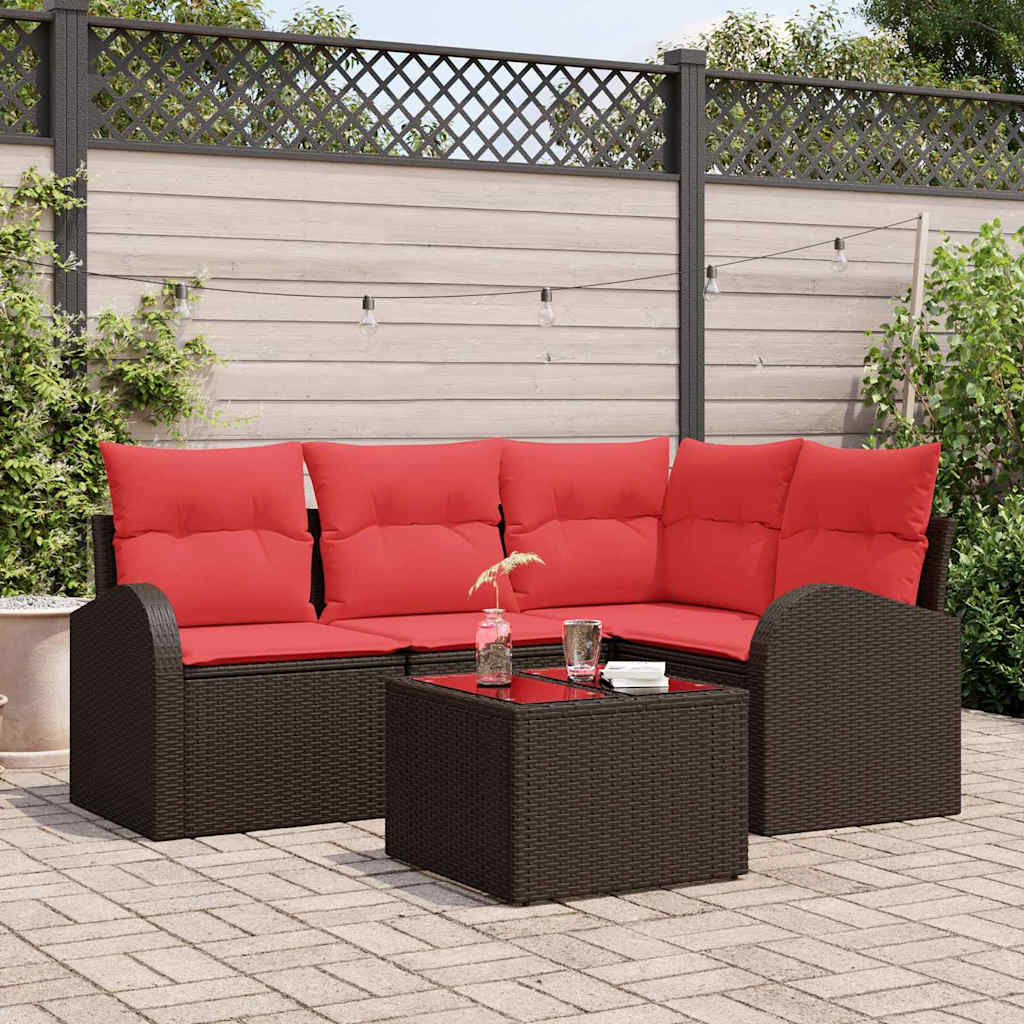 Gartensofa-set 5 stk. Braun und Rot Poly-Rattan