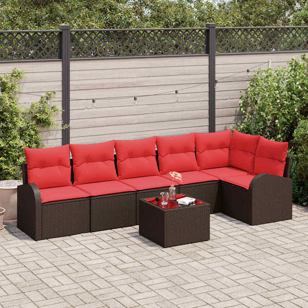Gartensofa-set 7 stk. Braun und Rot Poly-Rattan