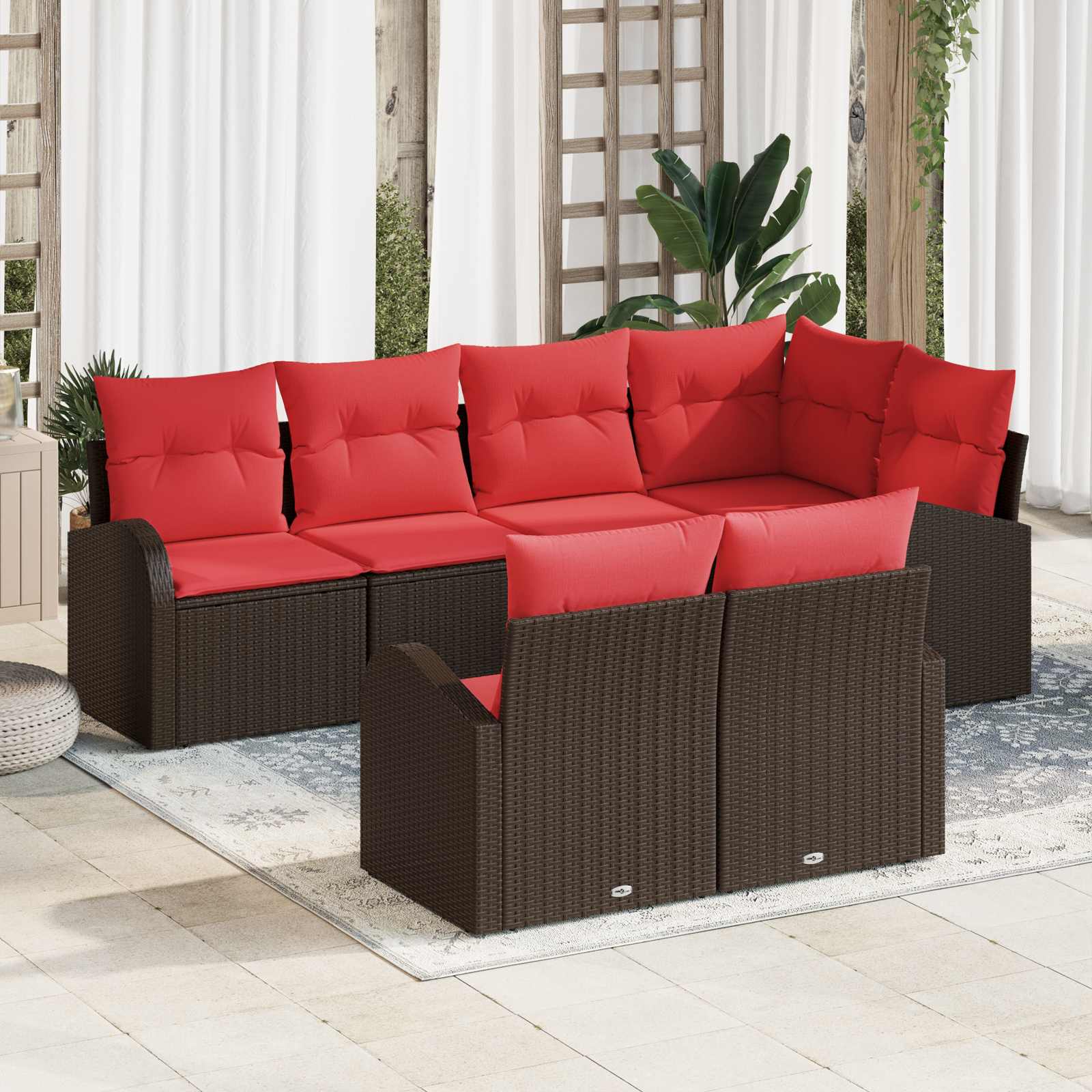 Garten-Sofa-Set 7 stk. Braun und Rot Poly-Rattan