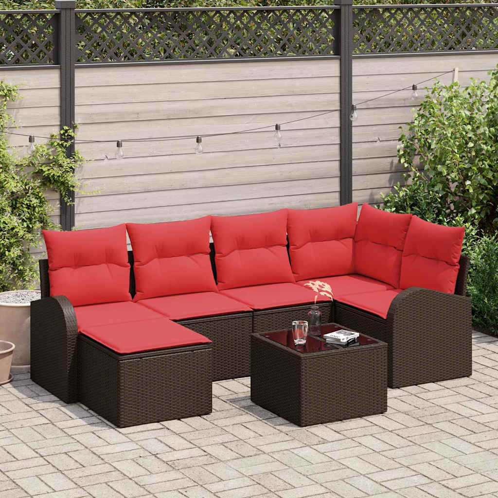 Sofa Set 7 stk. Braun und Rot Poly-Rattan