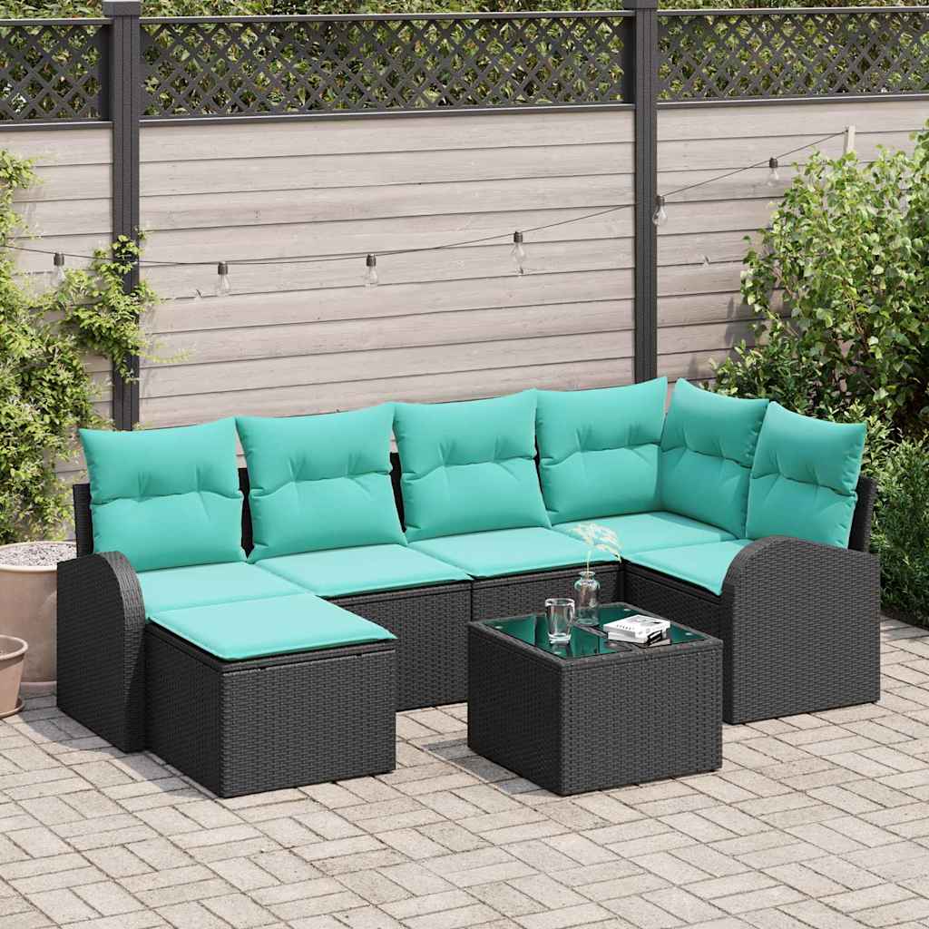 Sofa Set 7 stk. Schwarz und Türkis Poly-Rattan