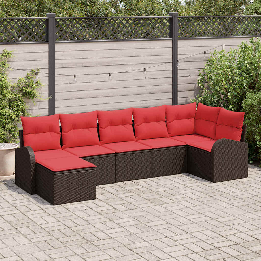 Sofa Set 7 stk. Braun und Rot Poly-Rattan