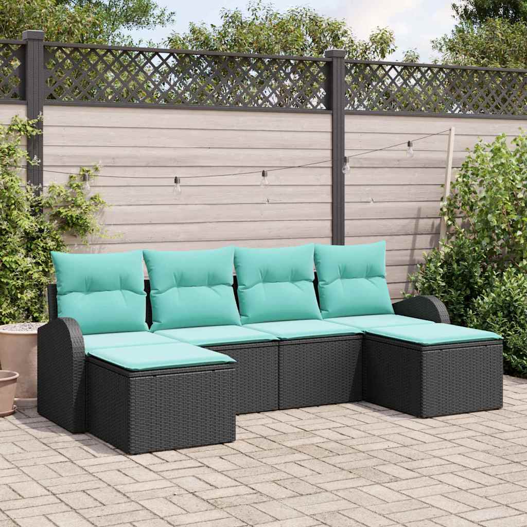 Sofa Set 6 stk. Schwarz und Türkis Poly-Rattan