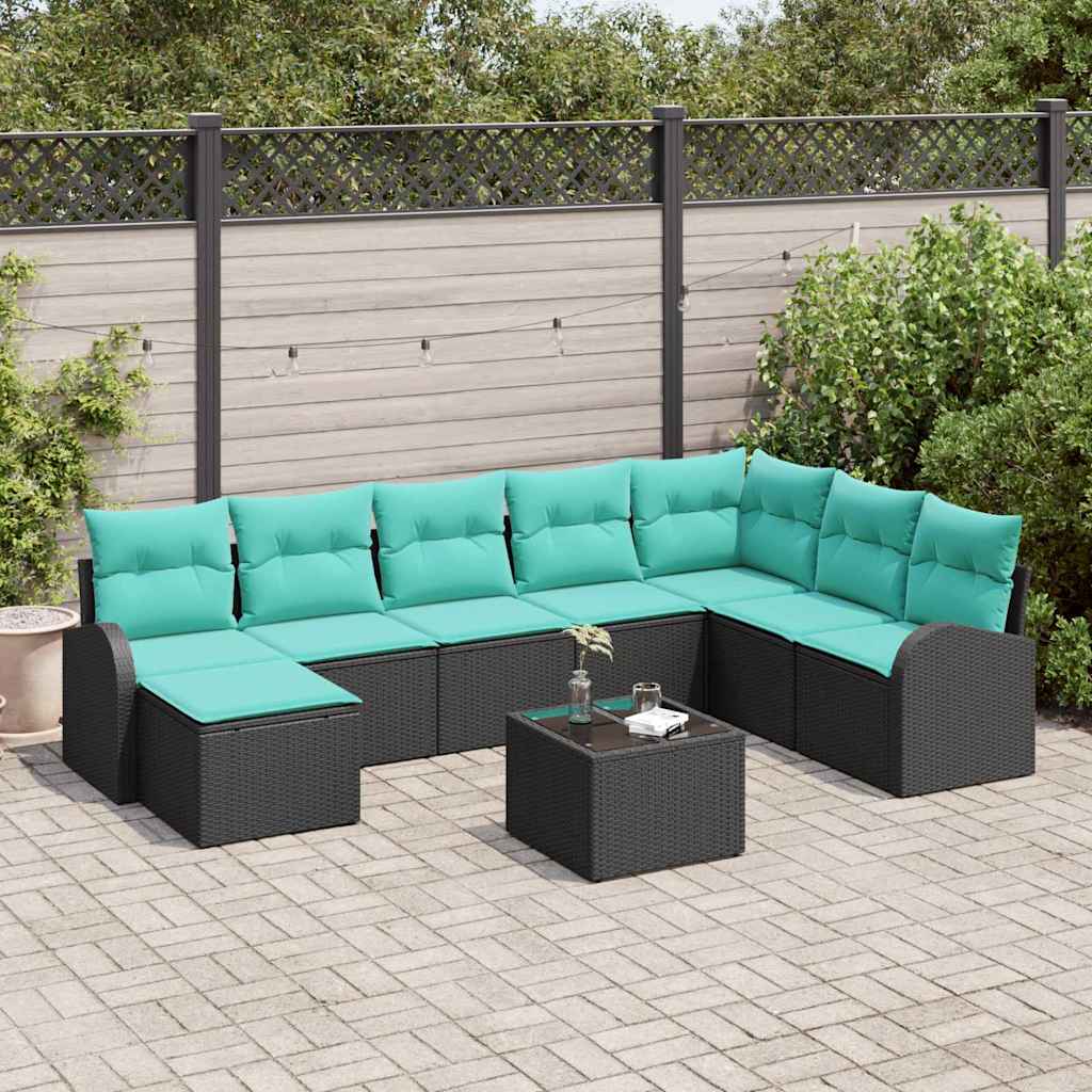 Sofa Set 9 stk. Schwarz und Türkis Poly-Rattan