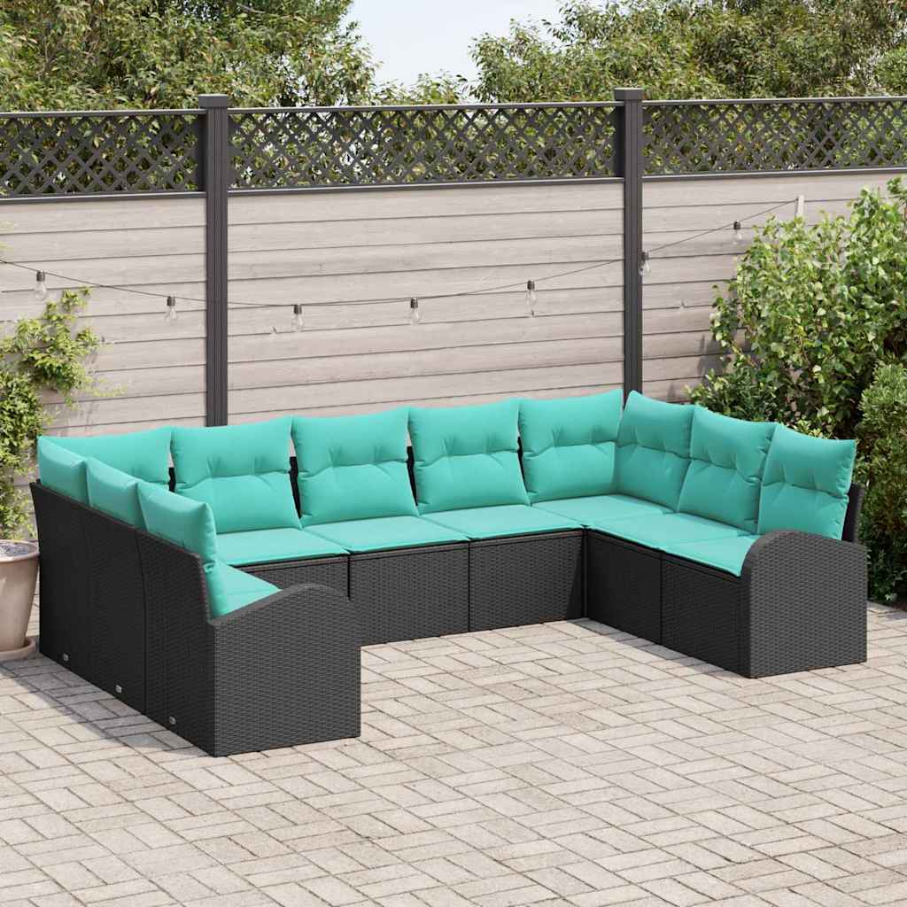 Gartensofa-set 9 stk. Schwarz und Türkis Poly-Rattan